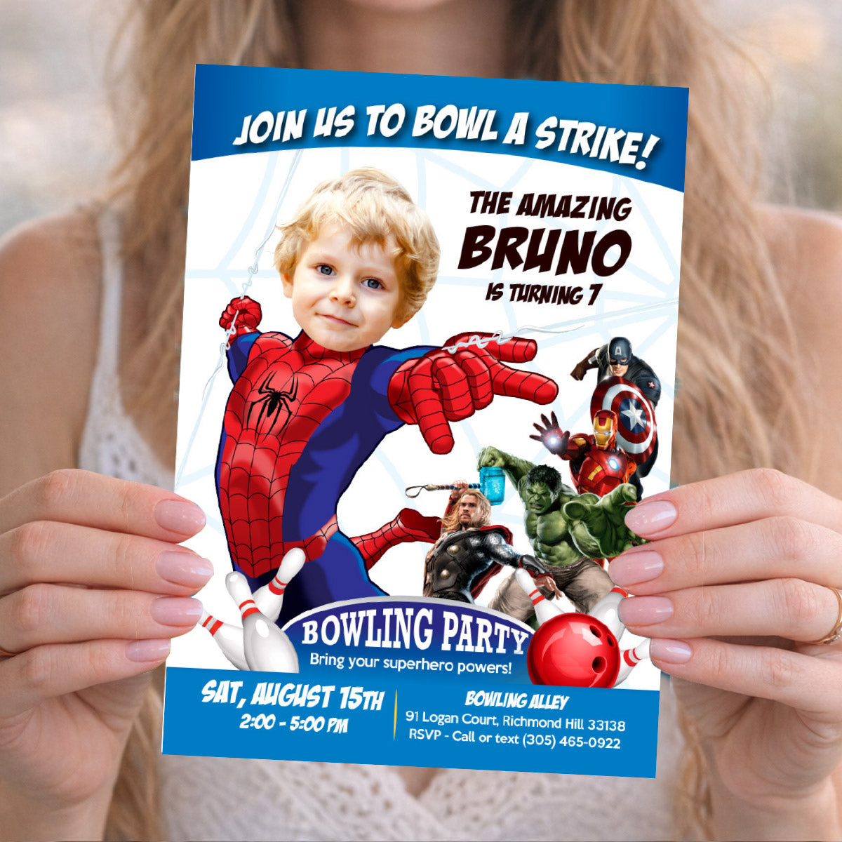 Avengers Bowling Party Invitation with birthday kid as Spiderman. 103IN4