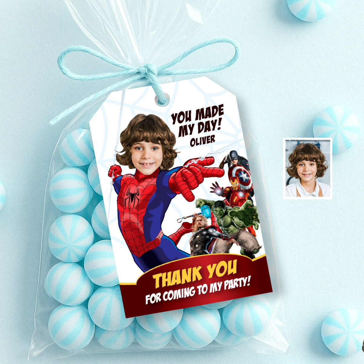 Custom Spiderman Avengers Thank You and Favor Tag with kid as Spider-man. 103TY