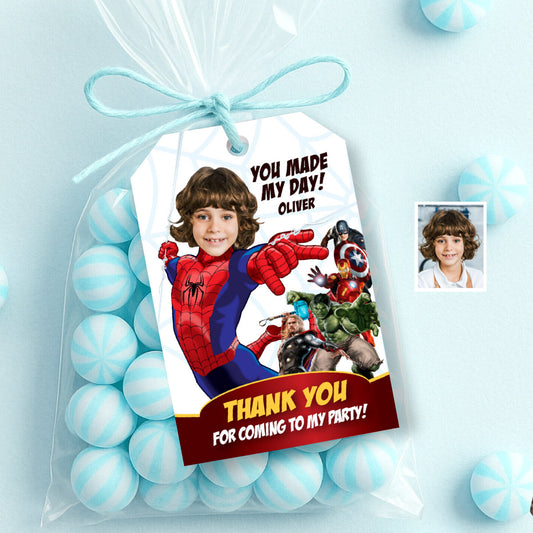 Custom Spiderman Avengers Thank You and Favor Tag with kid as Spider-man. 103TY