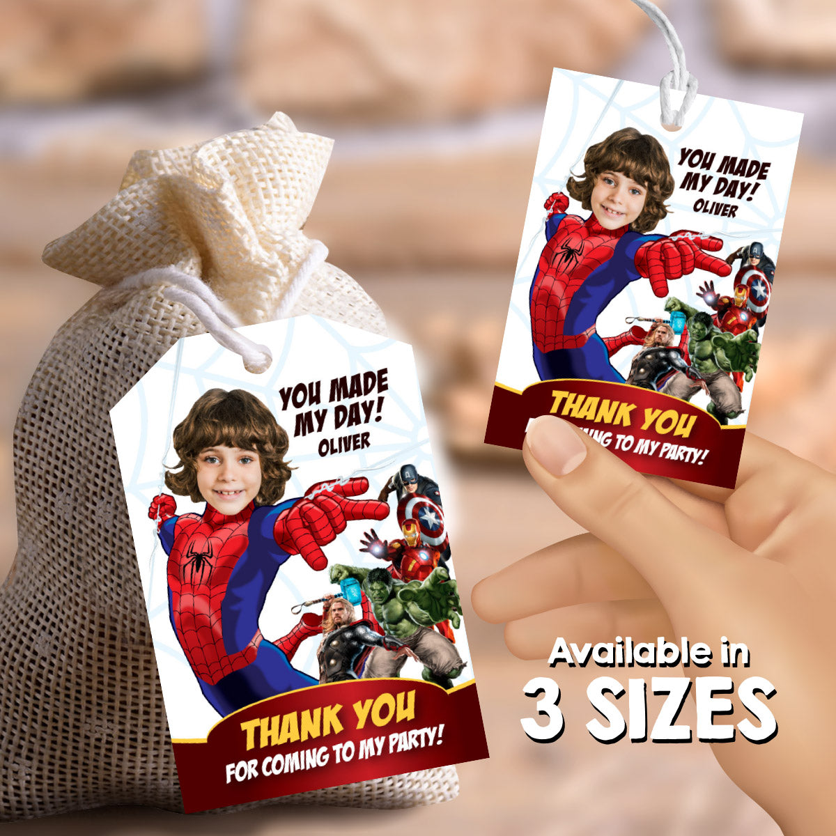 Custom Spiderman Avengers Thank You and Favor Tag with kid as Spider-man. 103TY