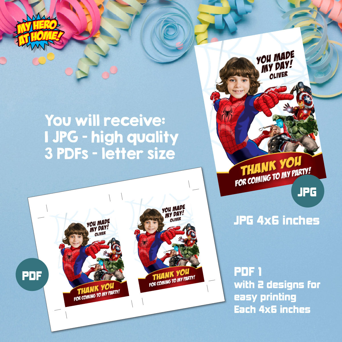 Custom Spiderman Avengers Thank You and Favor Tag with kid as Spider-man. 103TY