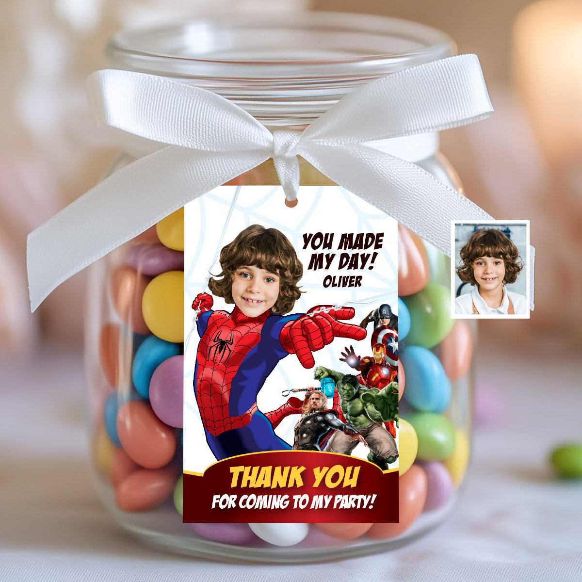 Custom Spiderman Avengers Thank You and Favor Tag with kid as Spider-man. 103TY
