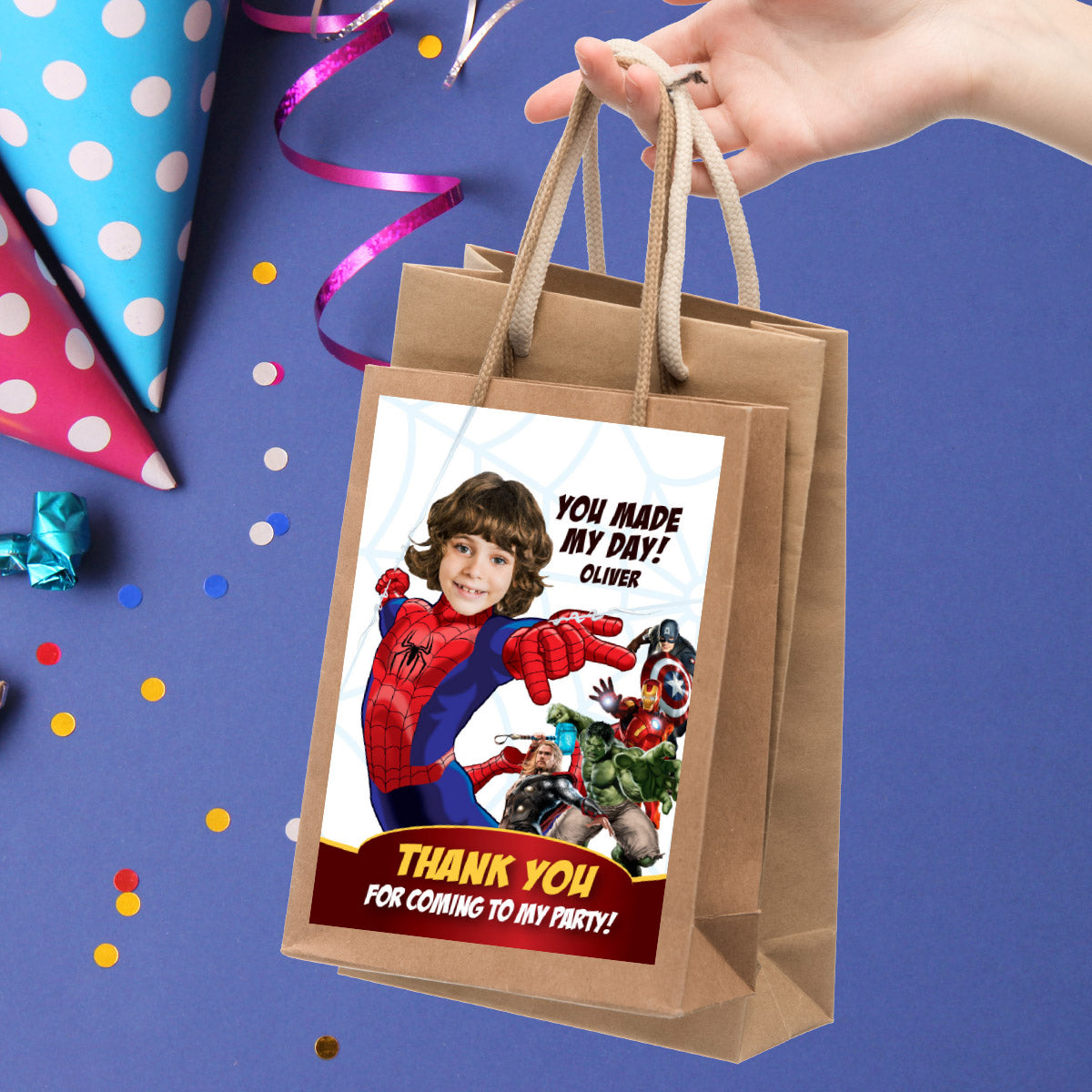 Custom Spiderman Avengers Thank You and Favor Tag with kid as Spider-man. 103TY