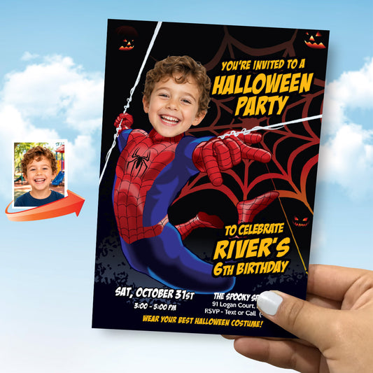 Spider-Man Halloween Birthday Invitation with Kid Photo, Personalized Spooky Superhero Party Invite. 104IN