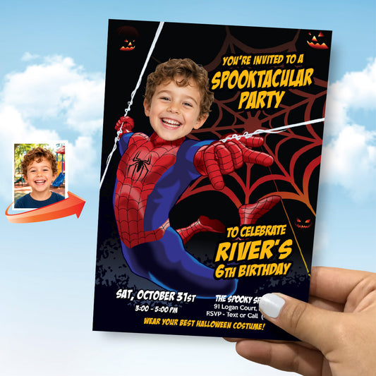 Spider-Man Halloween Birthday Invitation with Kid Photo, Personalized Spooky Superhero Party Invite. 104IN