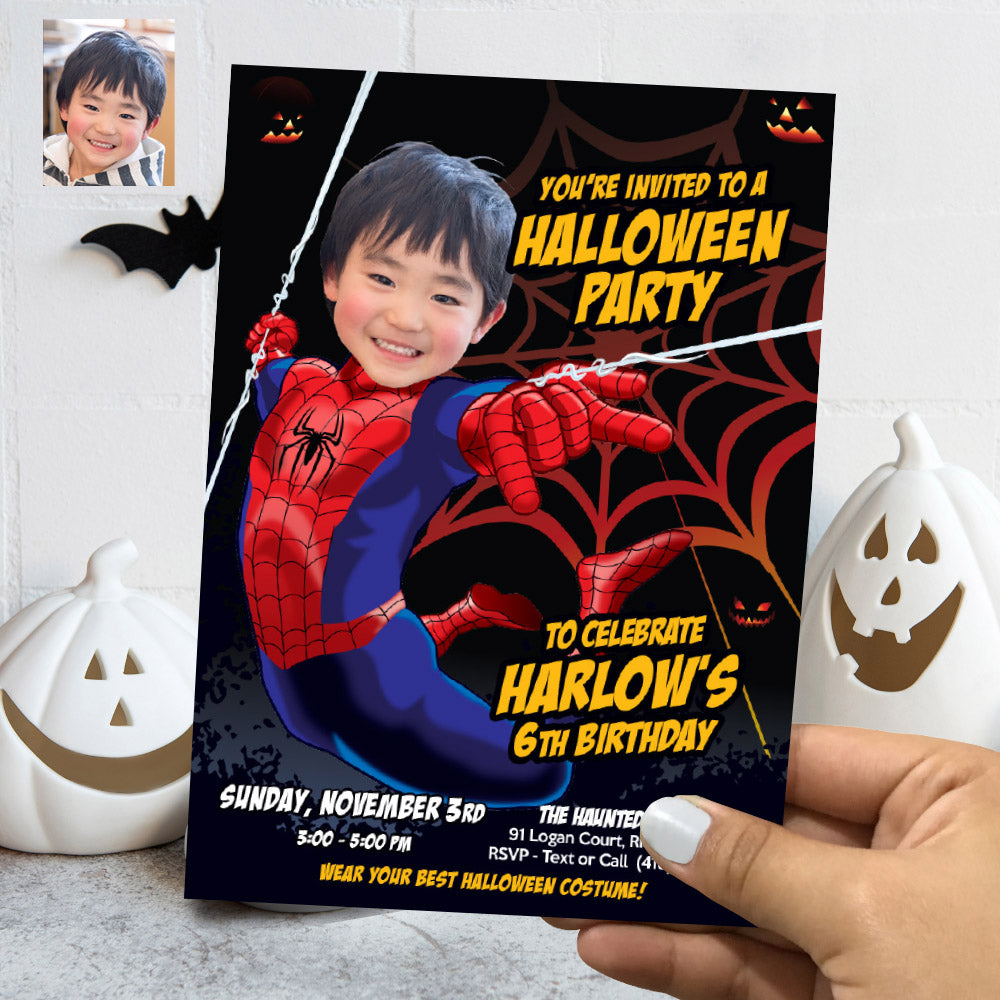 Spiderman Halloween Party Invitation with your Birthday Kid as the Star (Thank You included). 104B