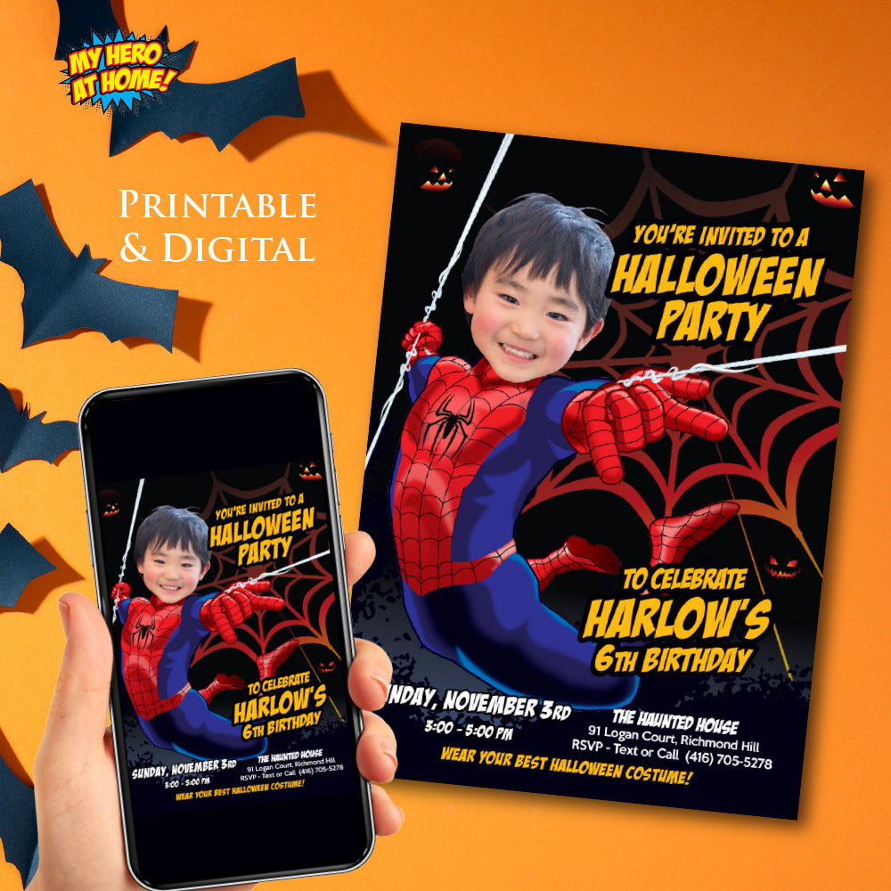 Spiderman Halloween Party Invitation with your Birthday Kid as the Star (Thank You included). 104B