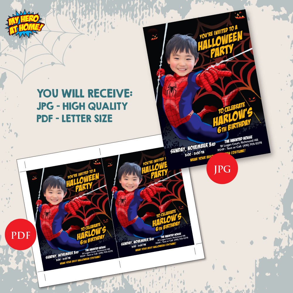 Spiderman Halloween Party Invitation with your Birthday Kid as the Star (Thank You included). 104B