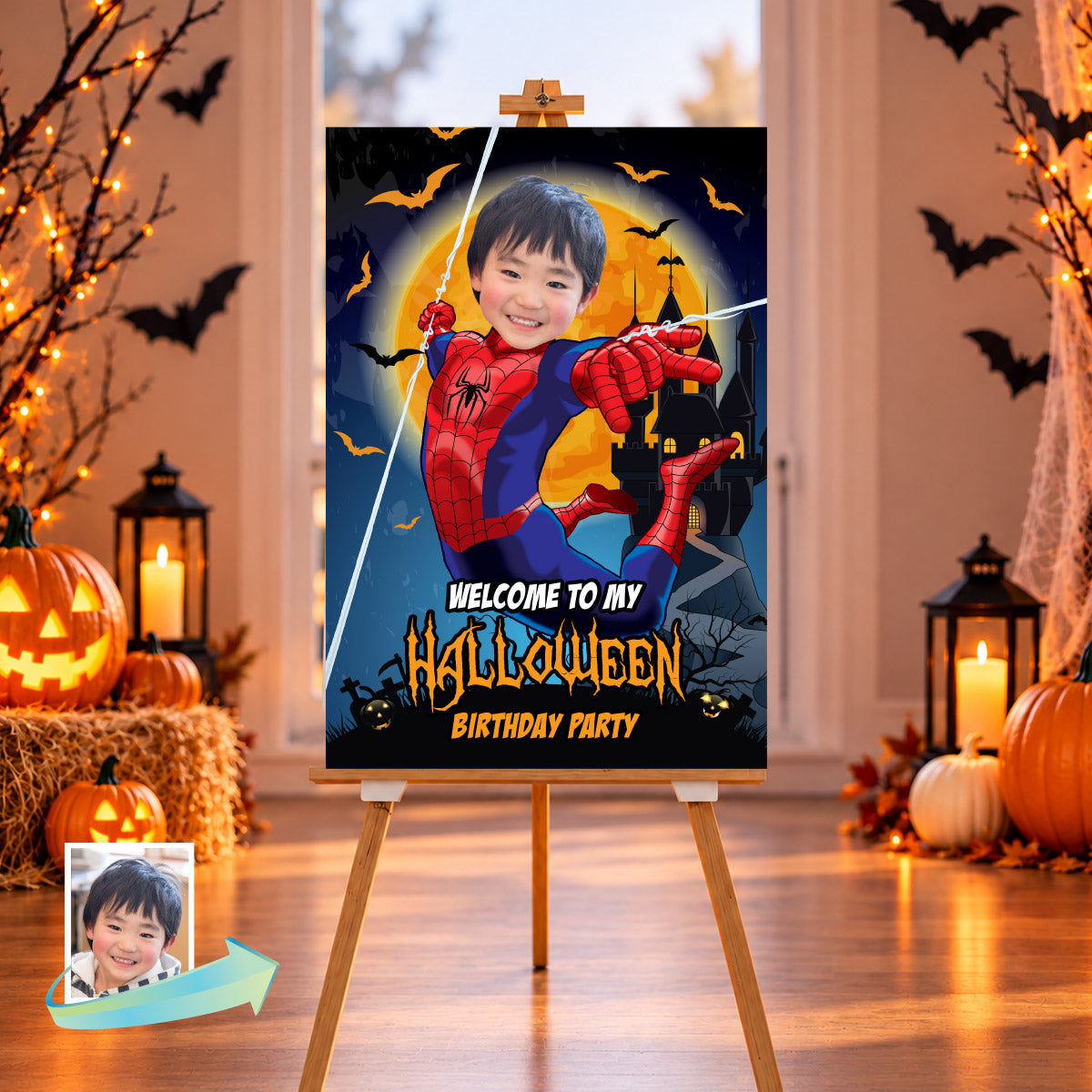 Personalized Spider-Man Halloween Birthday Welcome Sign with Child as Spiderman. 104WS1