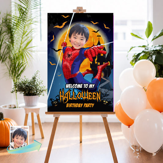 Personalized Spider-Man Halloween Birthday Welcome Sign with Child as Spiderman. 104WS1