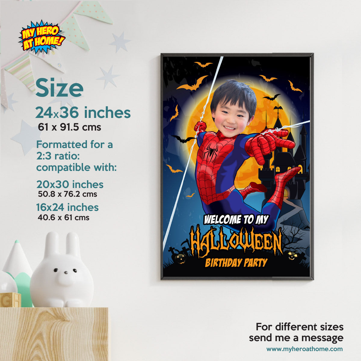 Personalized Spider-Man Halloween Birthday Welcome Sign with Child as Spiderman. 104WS1