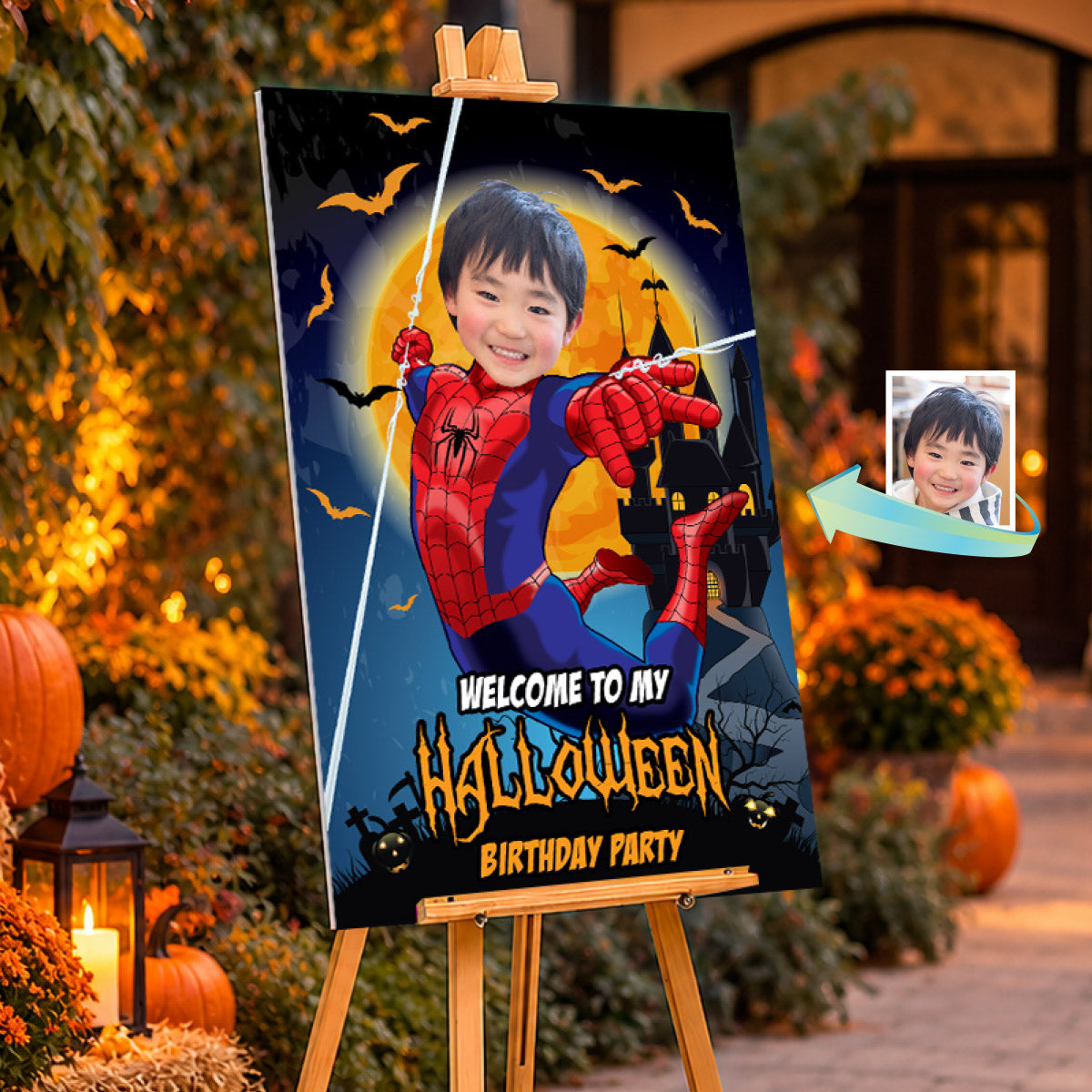 Personalized Spider-Man Halloween Birthday Welcome Sign with Child as Spiderman. 104WS1