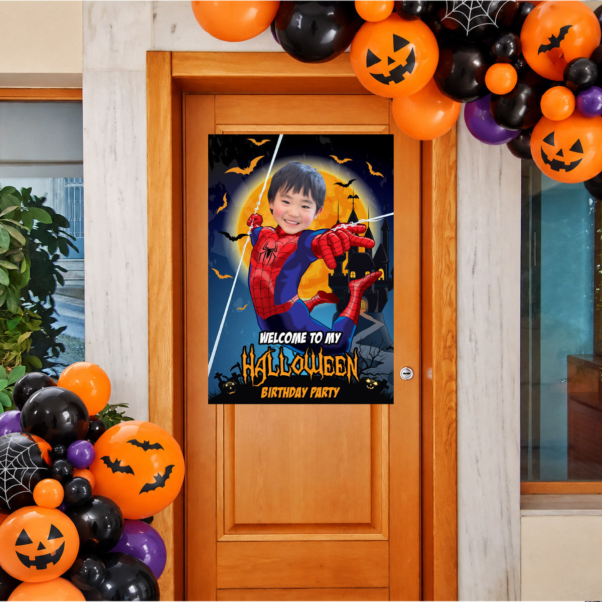 Personalized Spider-Man Halloween Birthday Welcome Sign with Child as Spiderman. 104WS1