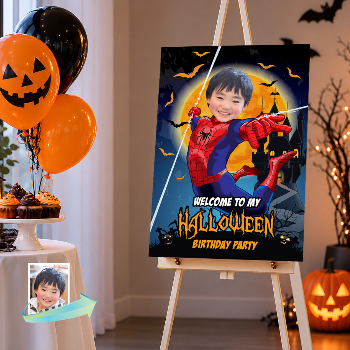 Personalized Spider-Man Halloween Birthday Welcome Sign with Child as Spiderman. 104WS1