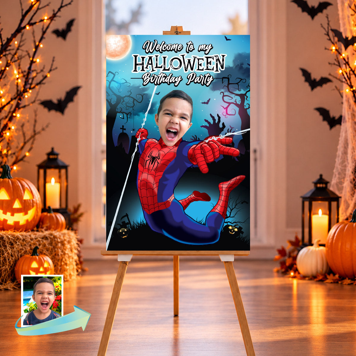 Spider-Man Halloween Welcome Sign with Kid Photo, Spooky Spiderverse Birthday Party Sign. 104WS2
