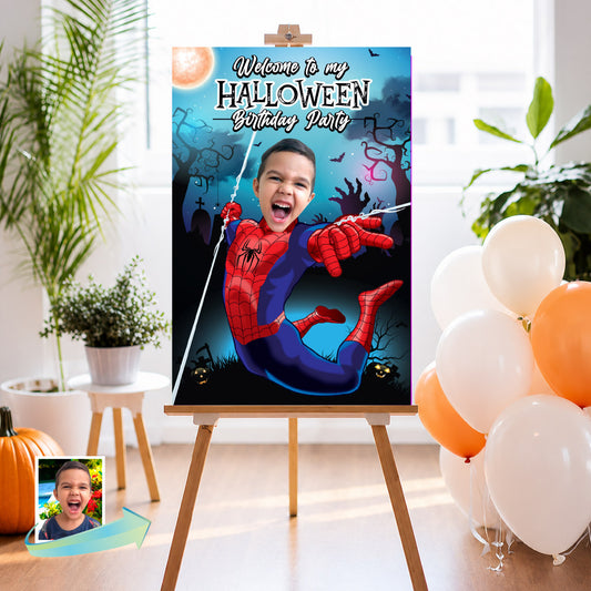 Spider-Man Halloween Welcome Sign with Kid Photo, Spooky Spiderverse Birthday Party Sign. 104WS2
