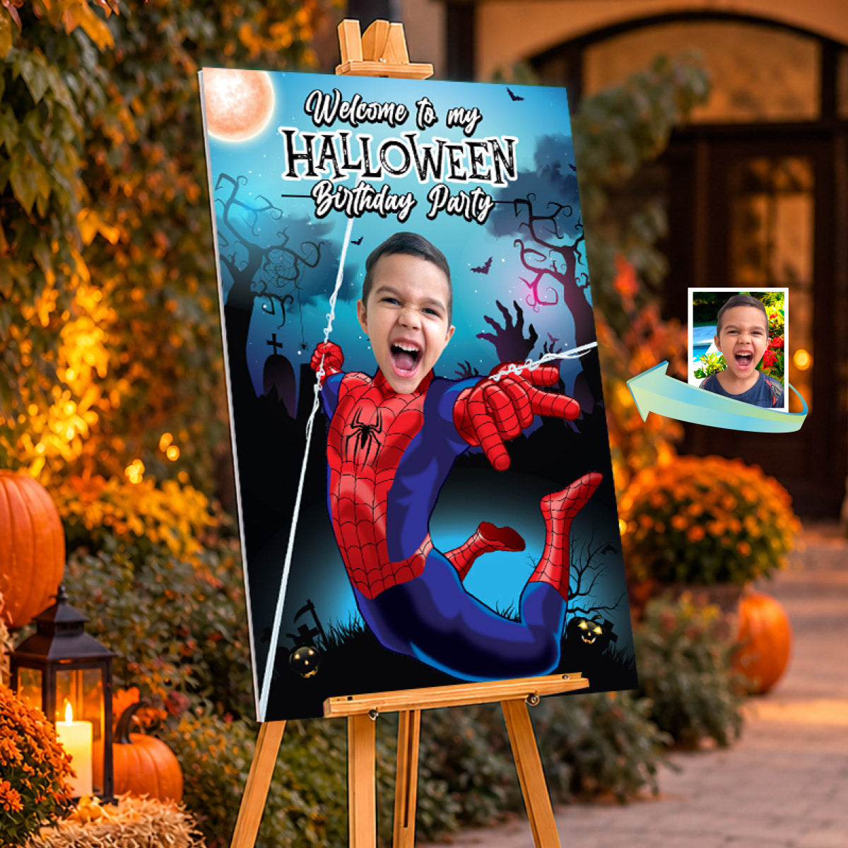 Spider-Man Halloween Welcome Sign with Kid Photo, Spooky Spiderverse Birthday Party Sign. 104WS2
