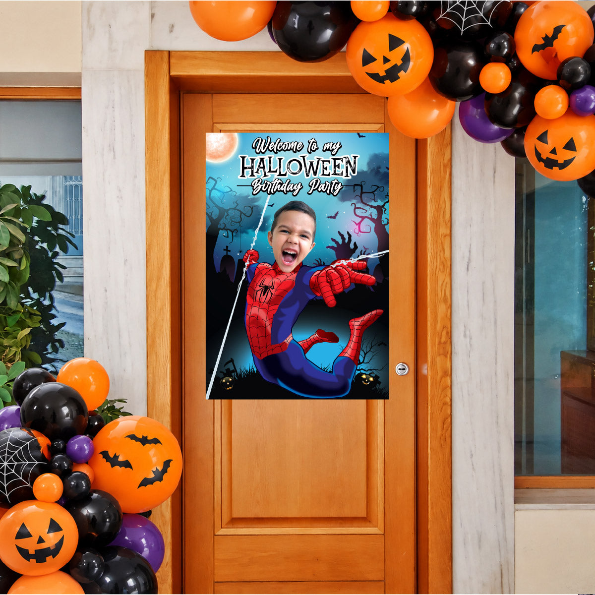 Spider-Man Halloween Welcome Sign with Kid Photo, Spooky Spiderverse Birthday Party Sign. 104WS2