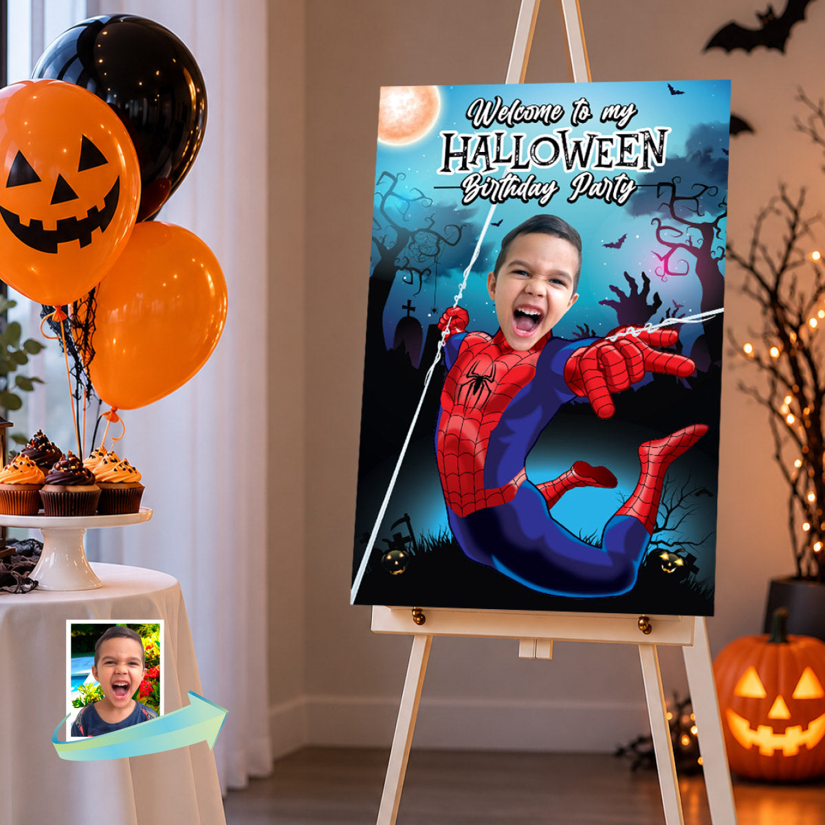 Spider-Man Halloween Welcome Sign with Kid Photo, Spooky Spiderverse Birthday Party Sign. 104WS2