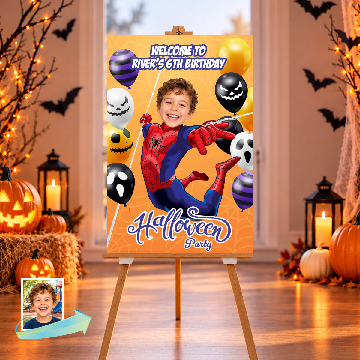 Superhero Halloween Welcome Sign with Birthday Child as Spiderman, Spooky Spidey Balloon Entrance. 104WS3
