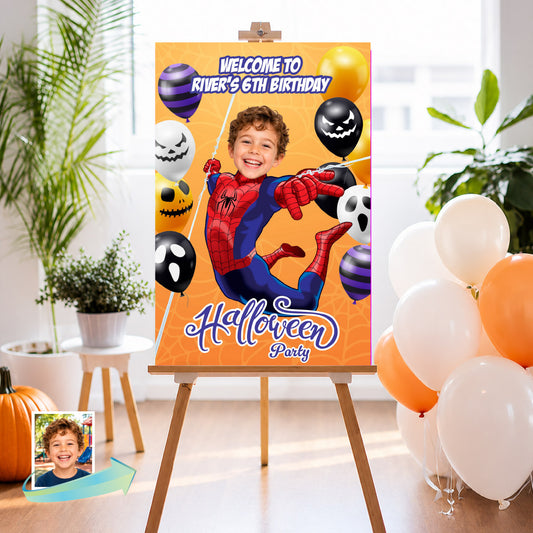 Superhero Halloween Welcome Sign with Birthday Child as Spiderman, Spooky Spidey Balloon Entrance. 104WS3