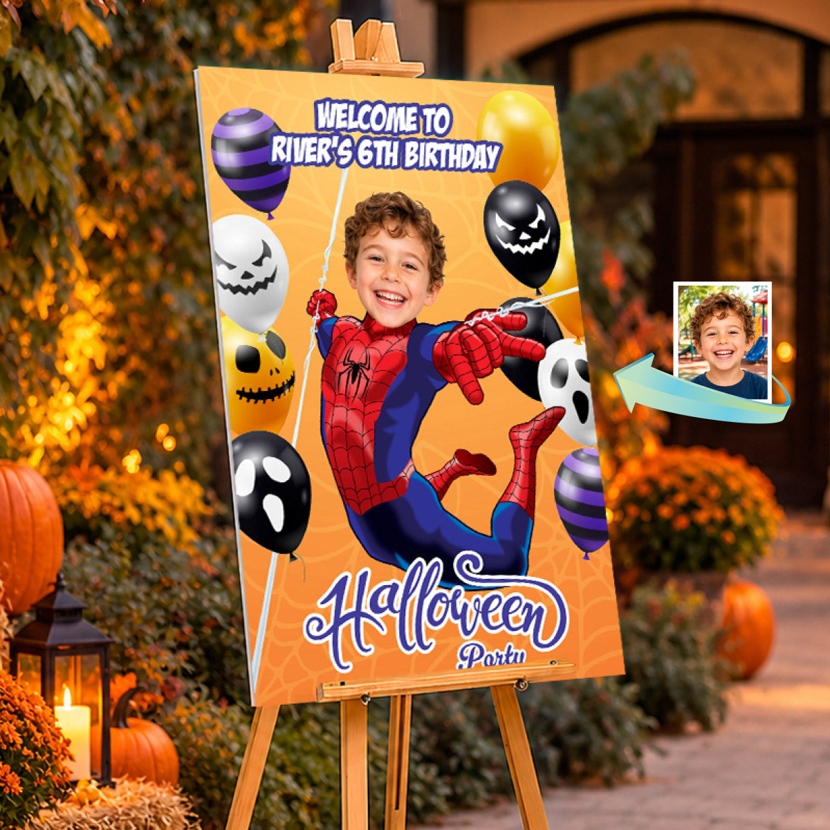 Superhero Halloween Welcome Sign with Birthday Child as Spiderman, Spooky Spidey Balloon Entrance. 104WS3