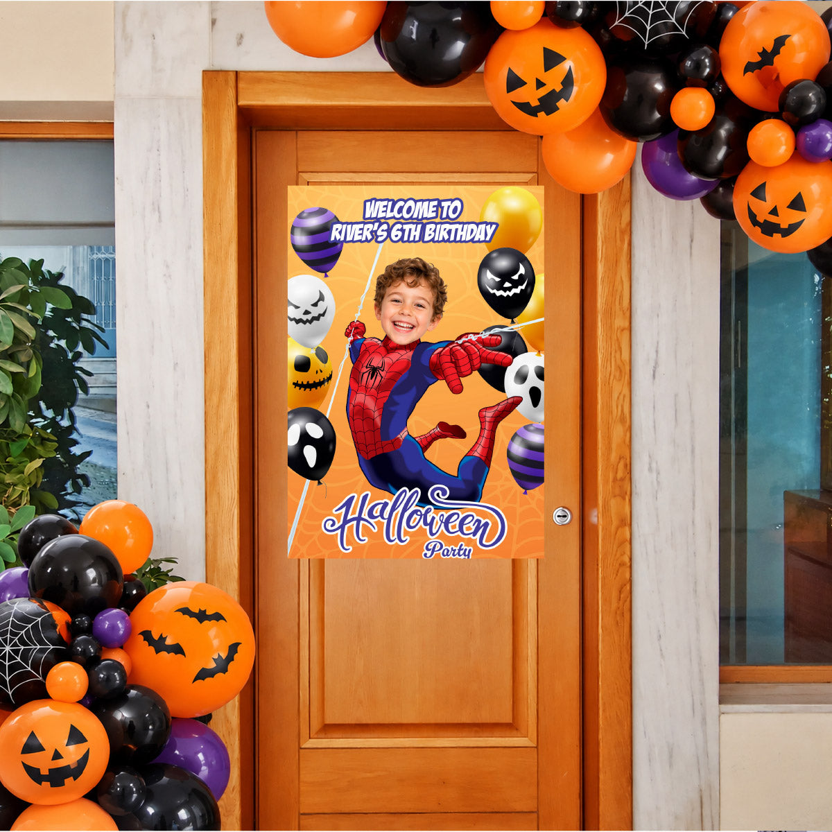 Superhero Halloween Welcome Sign with Birthday Child as Spiderman, Spooky Spidey Balloon Entrance. 104WS3