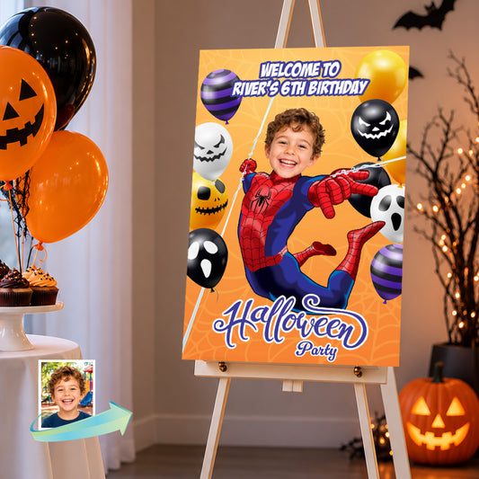 Superhero Halloween Welcome Sign with Birthday Child as Spiderman, Spooky Spidey Balloon Entrance. 104WS3