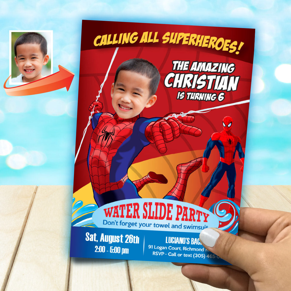 Personalized Spider-Man Water Slide Party Invitation Featuring Child as the Star. 105INB