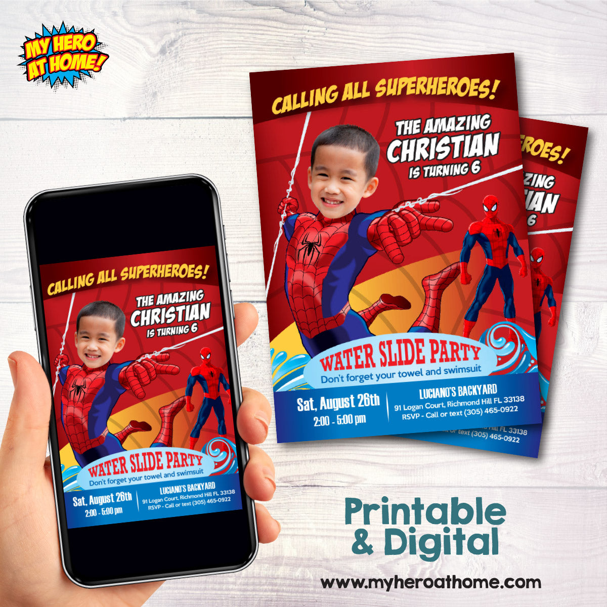 Personalized Spider-Man Water Slide Party Invitation Featuring Child as the Star. 105INB