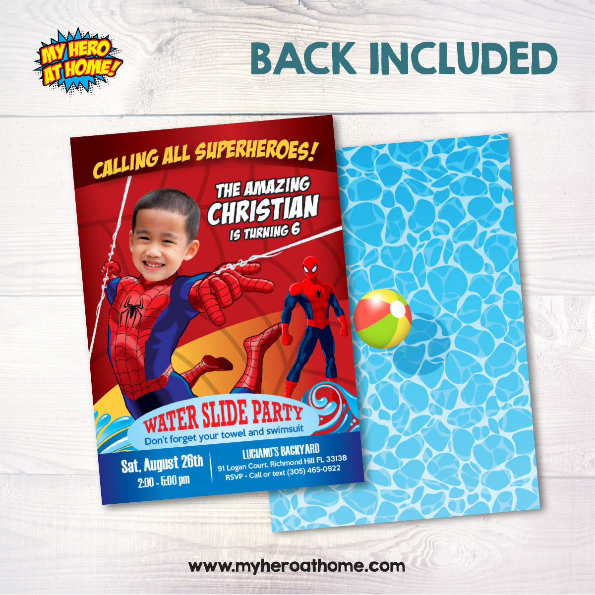Personalized Spider-Man Water Slide Party Invitation Featuring Child as the Star. 105INB