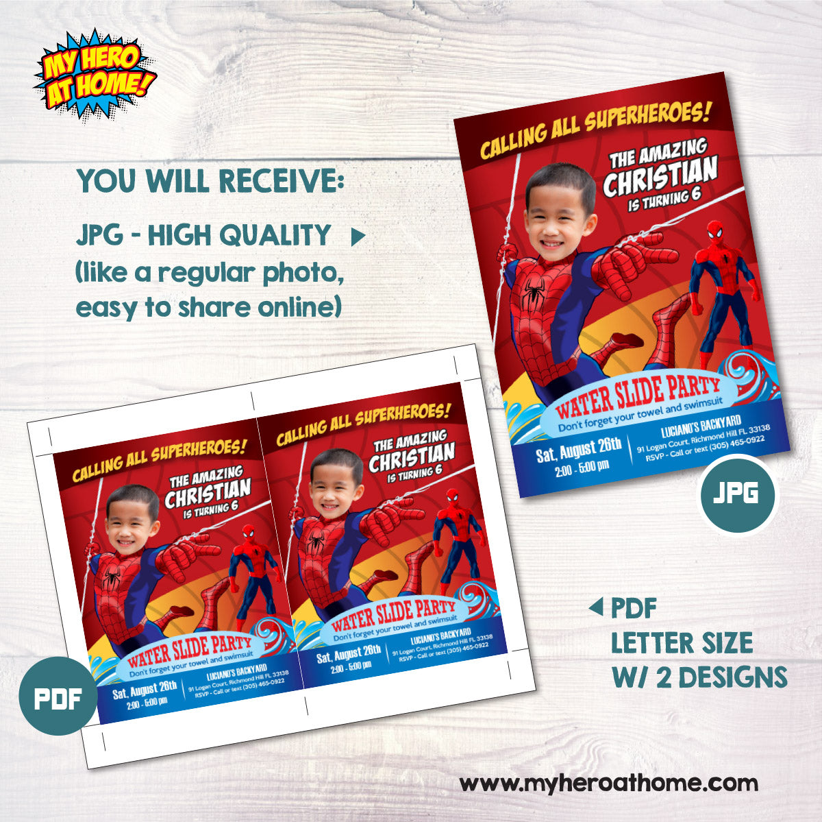 Personalized Spider-Man Water Slide Party Invitation Featuring Child as the Star. 105INB