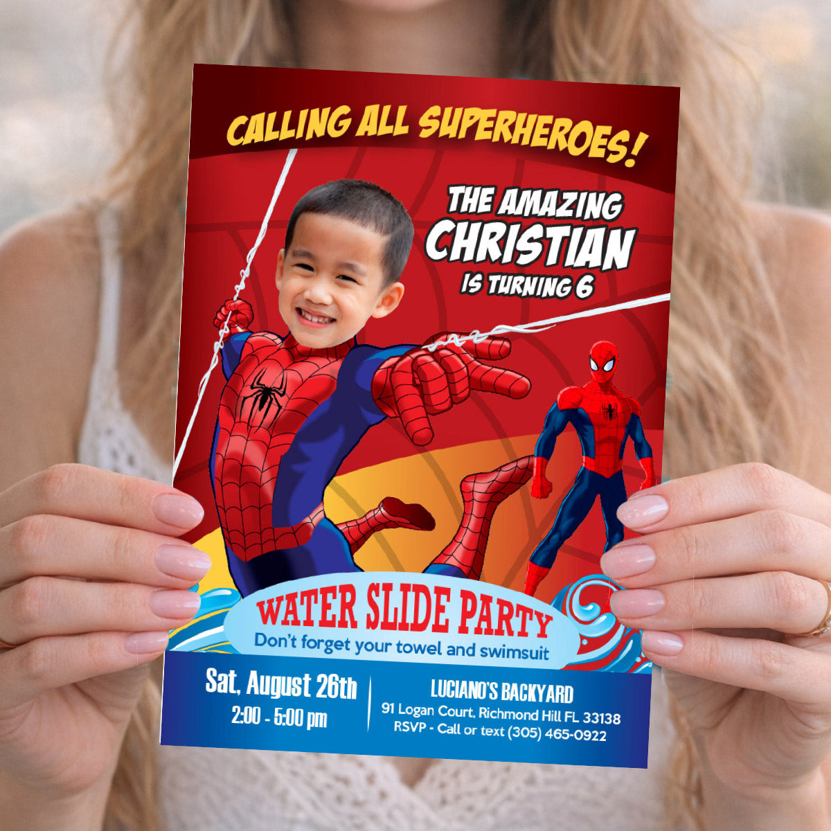 Personalized Spider-Man Water Slide Party Invitation Featuring Child as the Star. 105INB