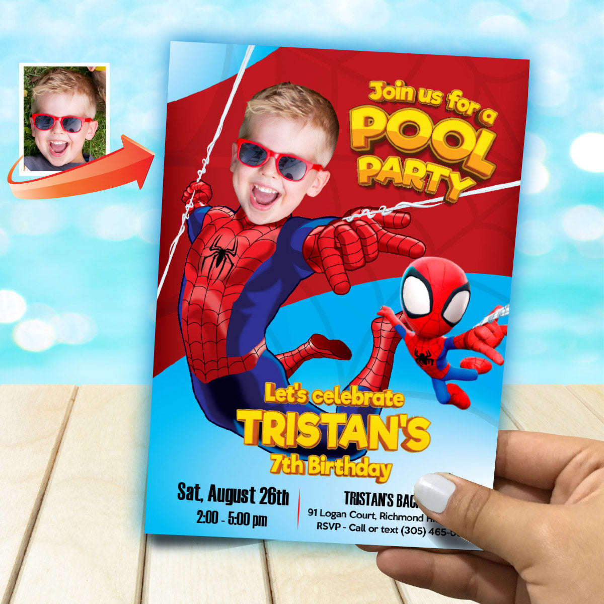 Personalized Spidey Pool Party Birthday Invitation Featuring kid as Spiderman. 105INC