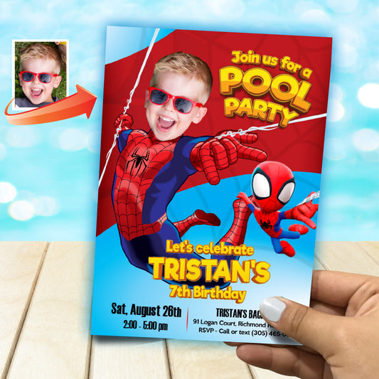 Personalized Spidey Pool Party Birthday Invitation Featuring kid as Spiderman. 105INC