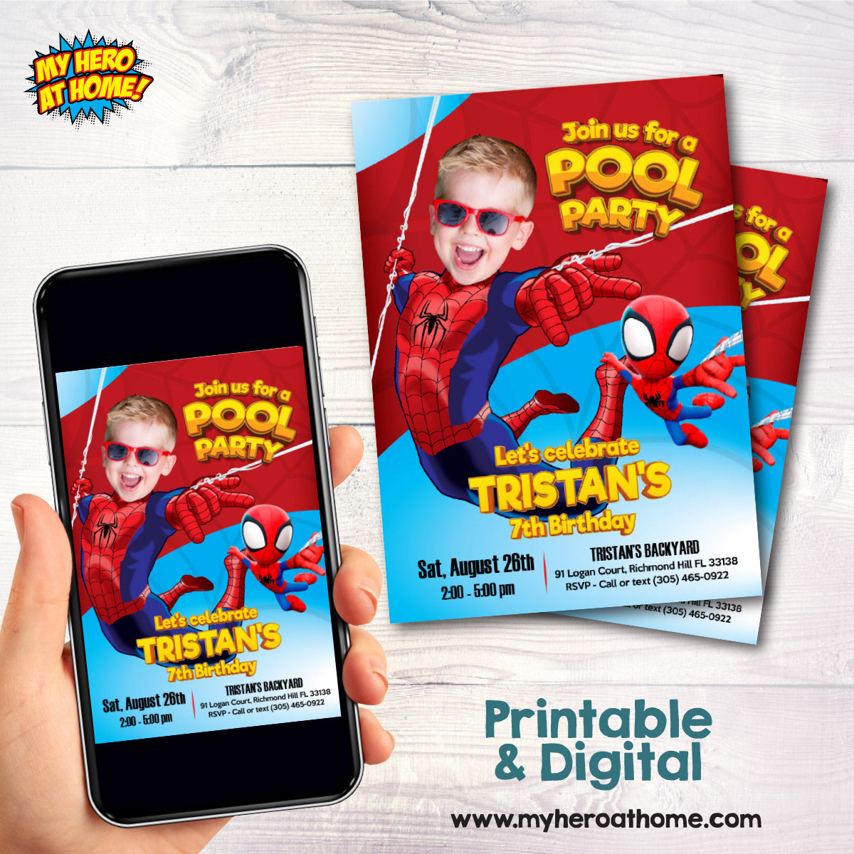 Personalized Spidey Pool Party Birthday Invitation Featuring kid as Spiderman. 105INC