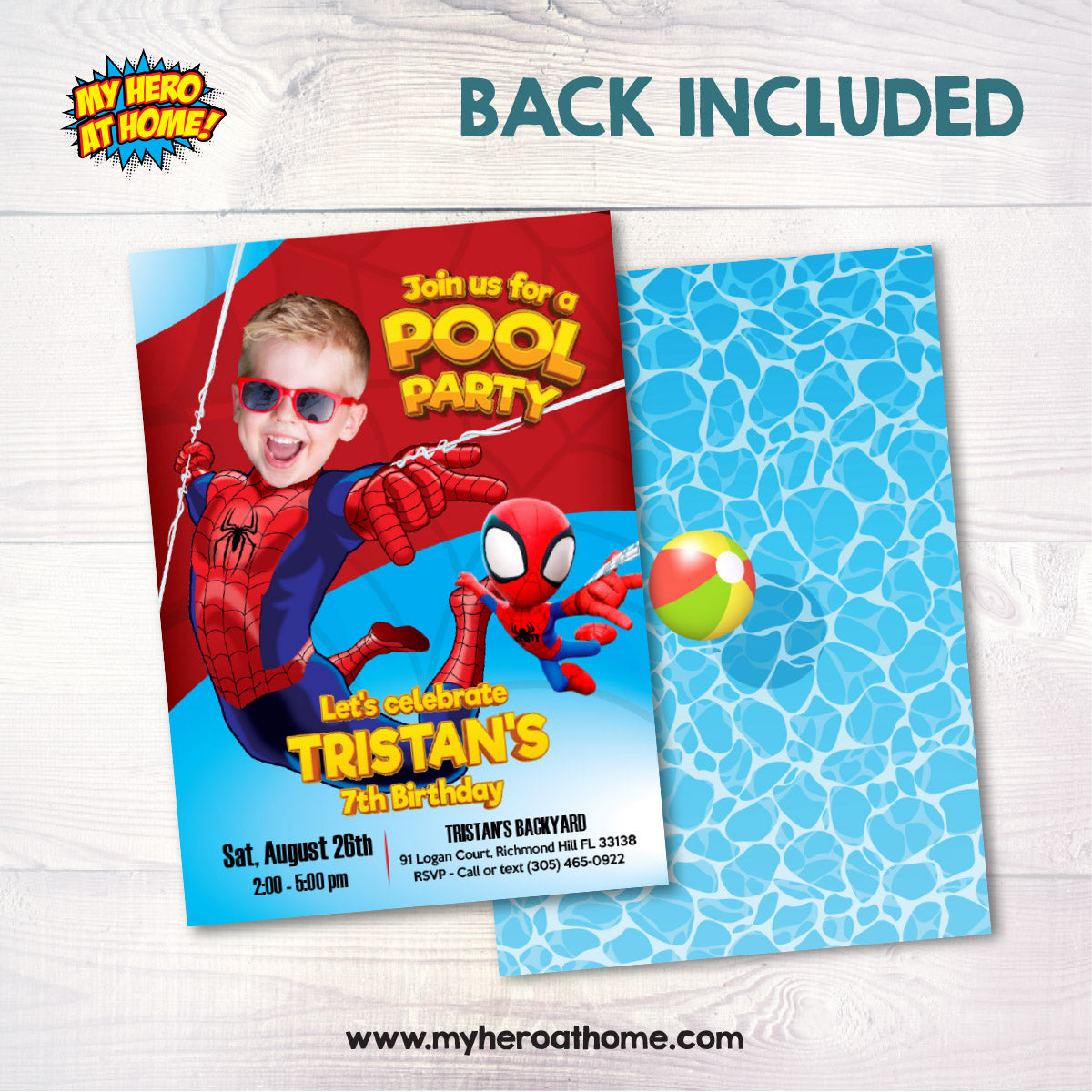 Personalized Spidey Pool Party Birthday Invitation Featuring kid as Spiderman. 105INC