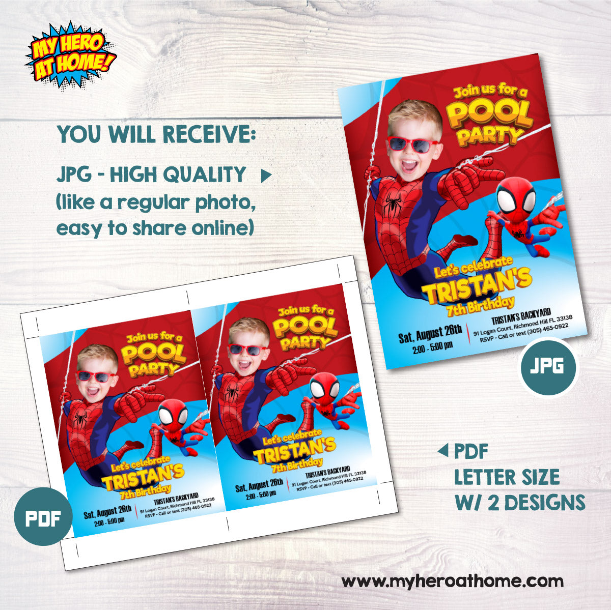 Personalized Spidey Pool Party Birthday Invitation Featuring kid as Spiderman. 105INC