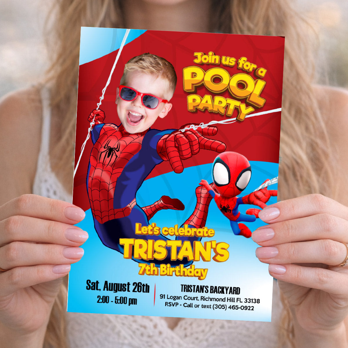 Personalized Spidey Pool Party Birthday Invitation Featuring kid as Spiderman. 105INC