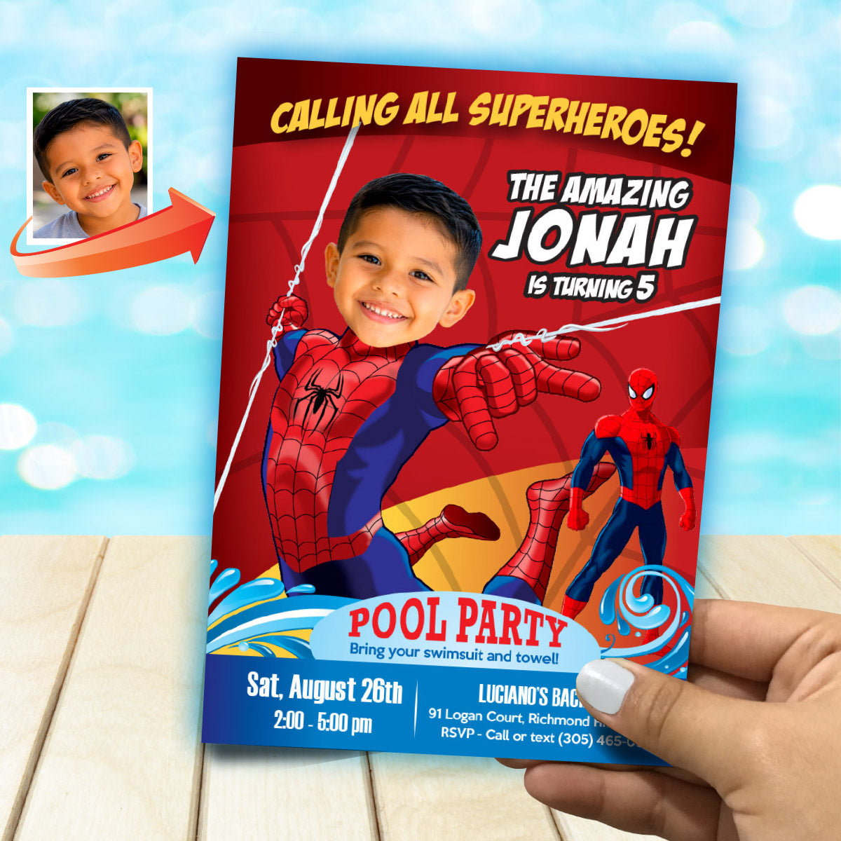Custom Spiderman Pool Party Invitation with photo, Spider kid splash invite. 105