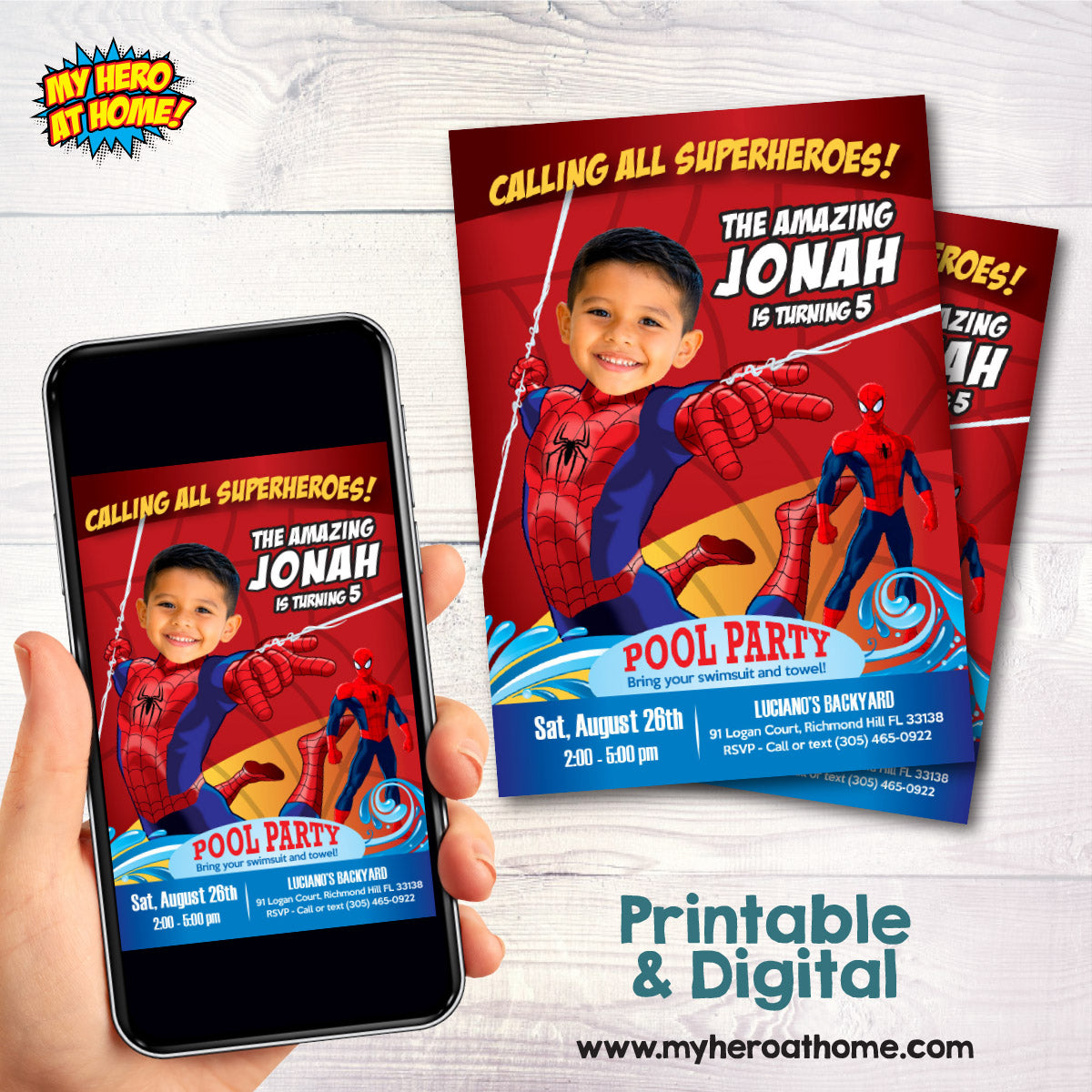 Custom Spiderman Pool Party Invitation with photo, Spider kid splash invite. 105