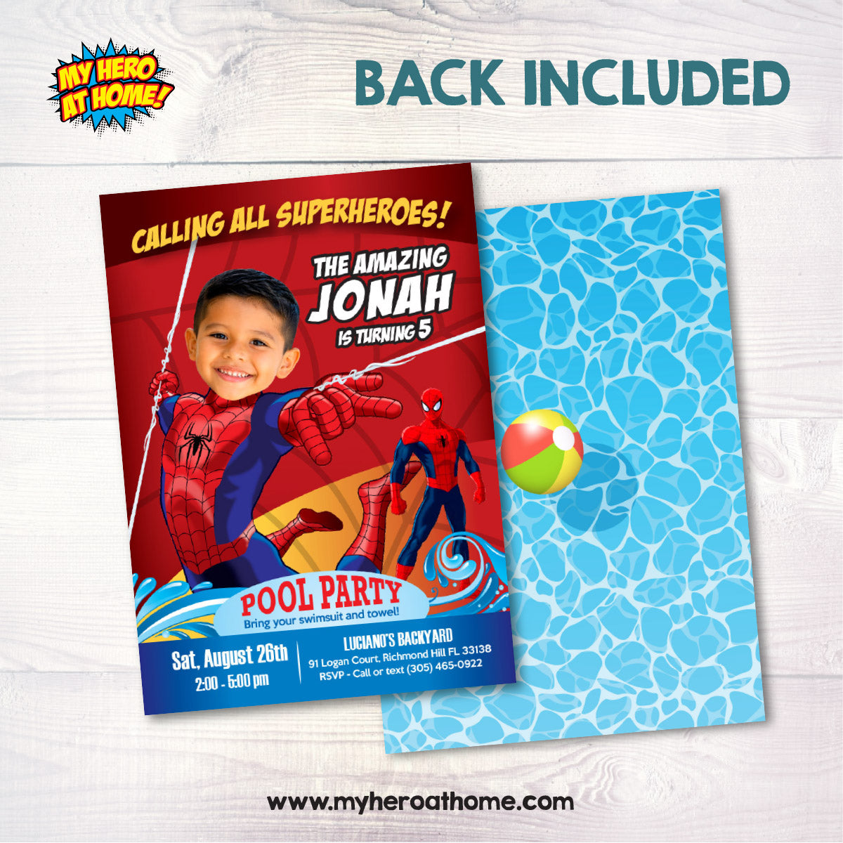 Custom Spiderman Pool Party Invitation with photo, Spider kid splash invite. 105