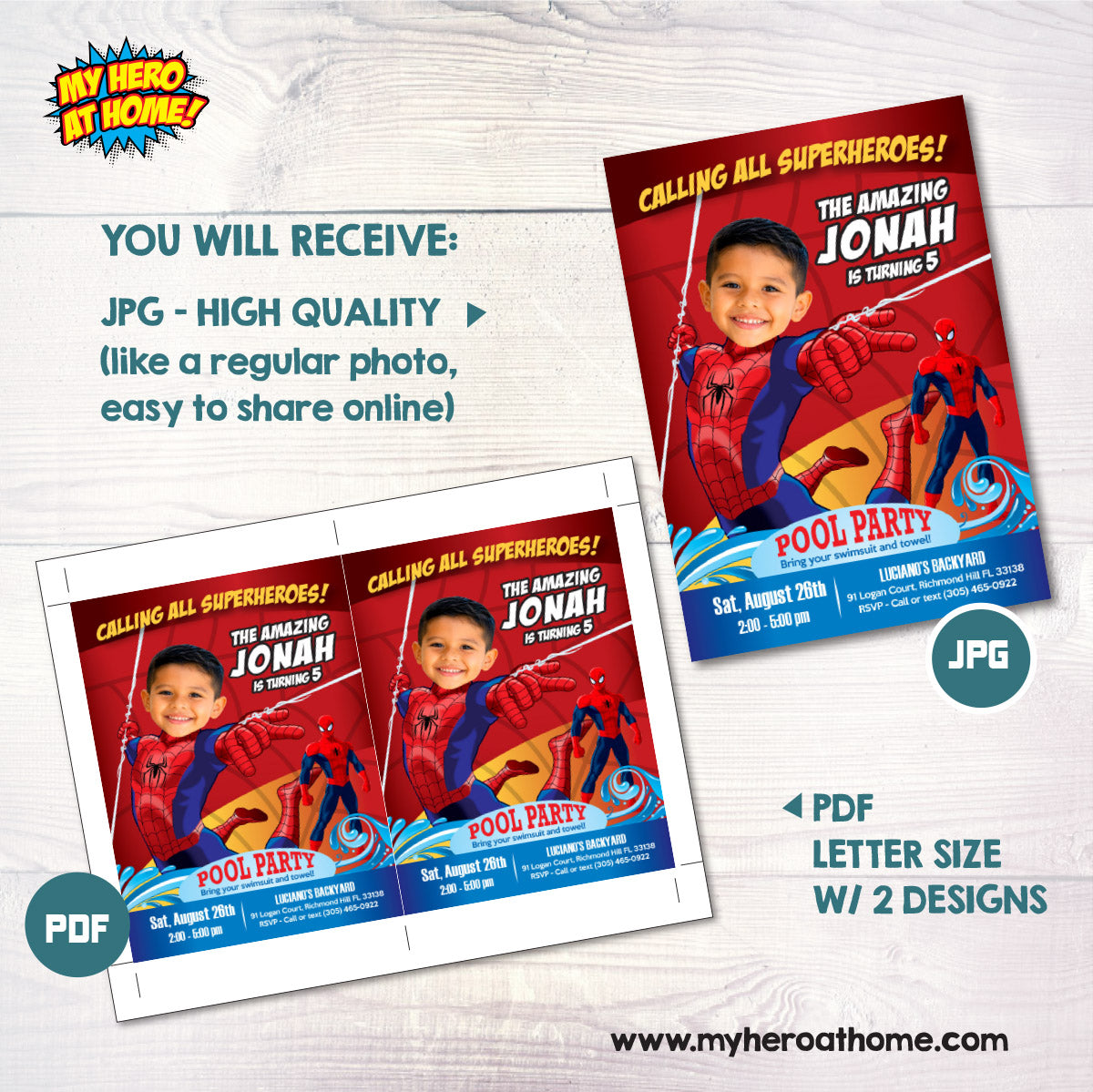 Custom Spiderman Pool Party Invitation with photo, Spider kid splash invite. 105