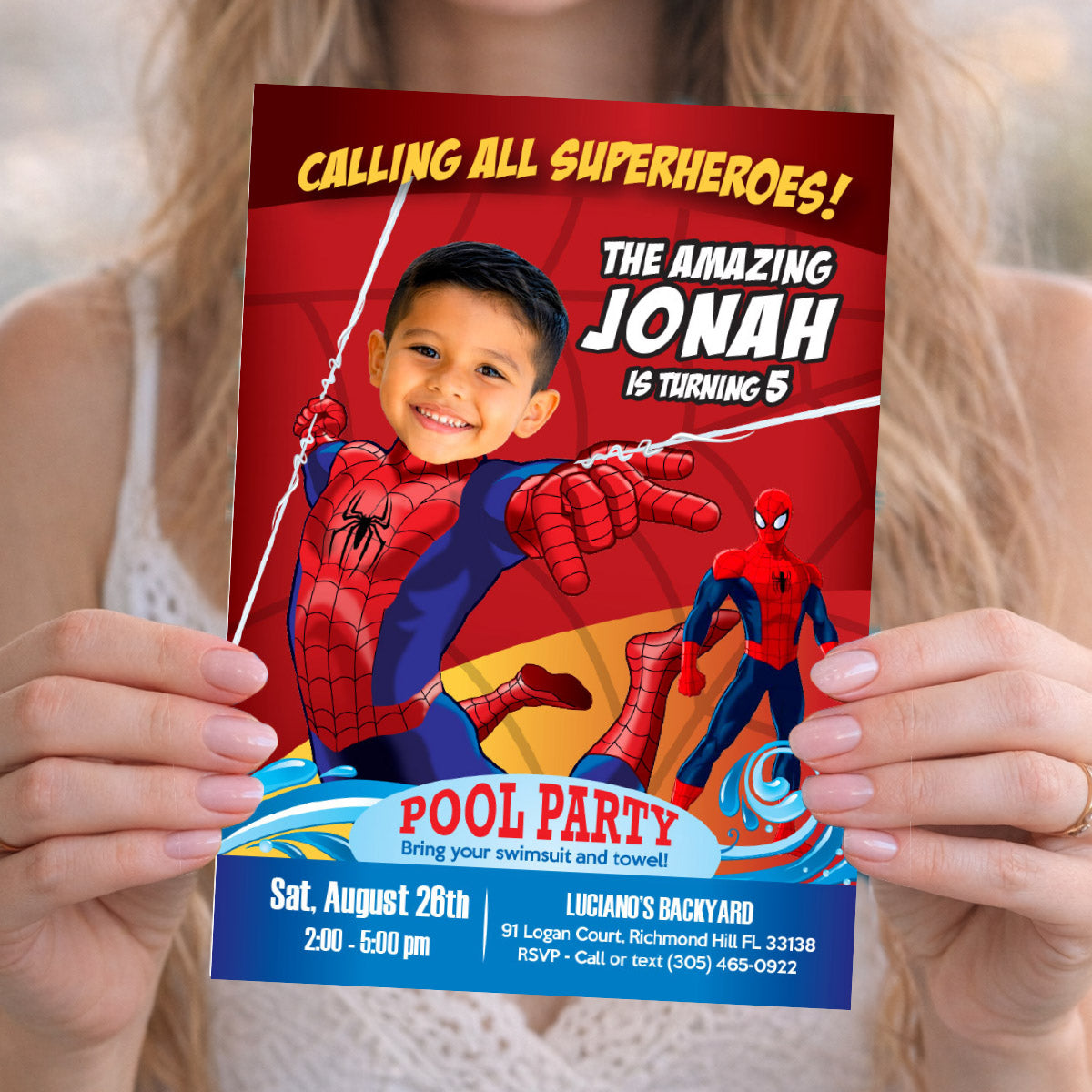 Custom Spiderman Pool Party Invitation with photo, Spider kid splash invite. 105