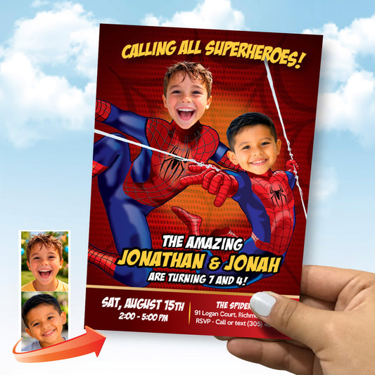 Custom Spiderman Siblings Birthday Invitation with kids as the Stars. 106IN