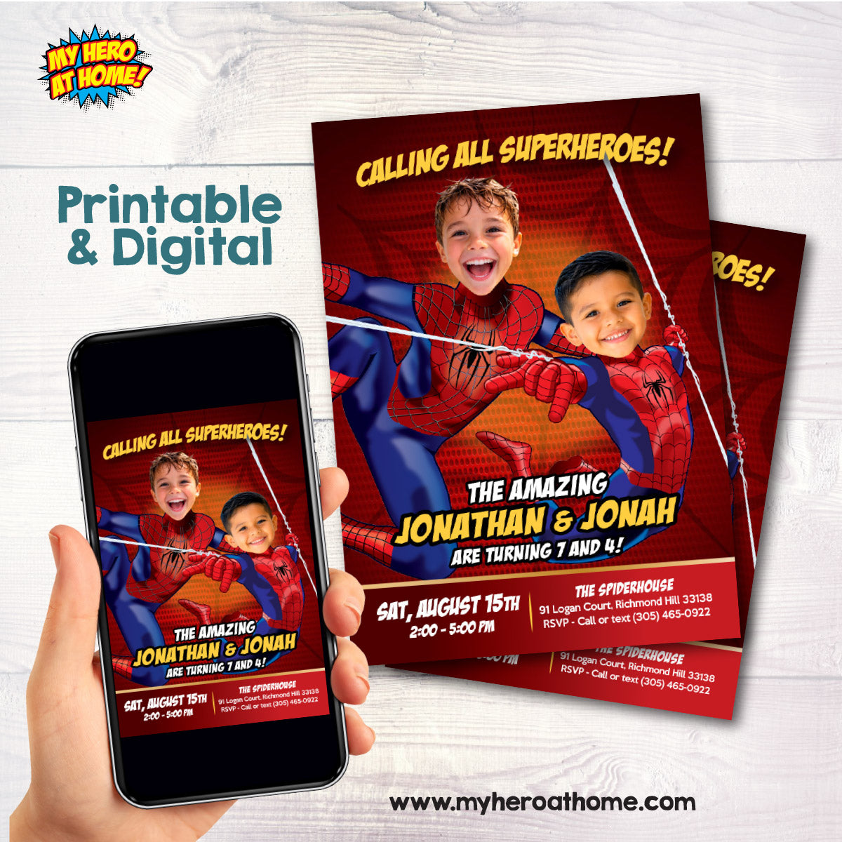 Custom Spiderman Siblings Birthday Invitation with kids as the Stars. 106IN