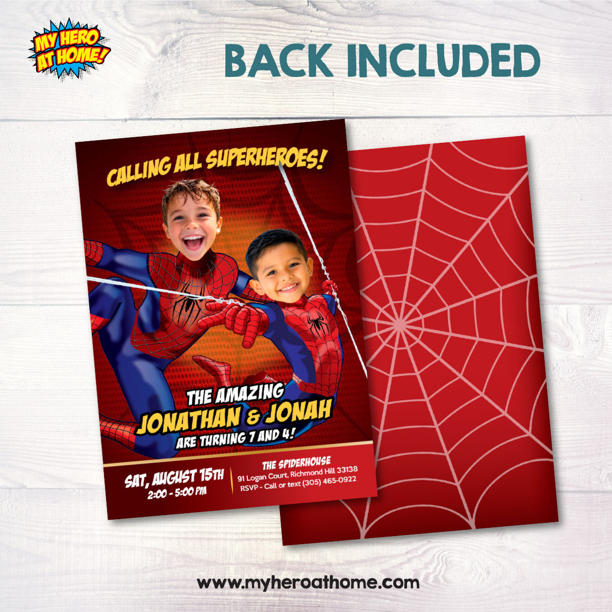 Custom Spiderman Siblings Birthday Invitation with kids as the Stars. 106IN