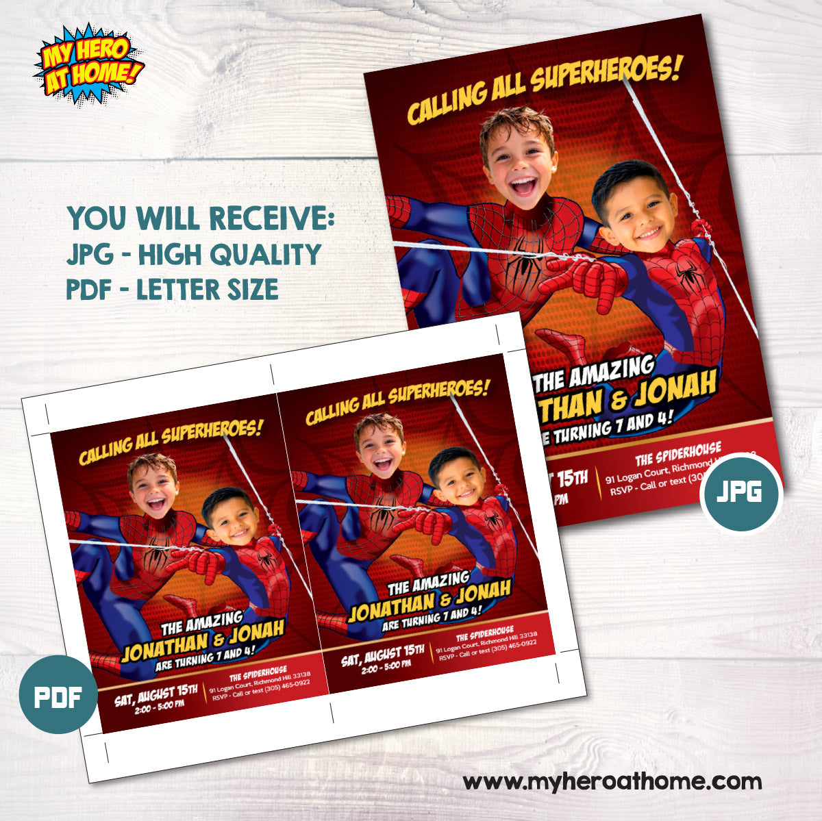 Custom Spiderman Siblings Birthday Invitation with kids as the Stars. 106IN