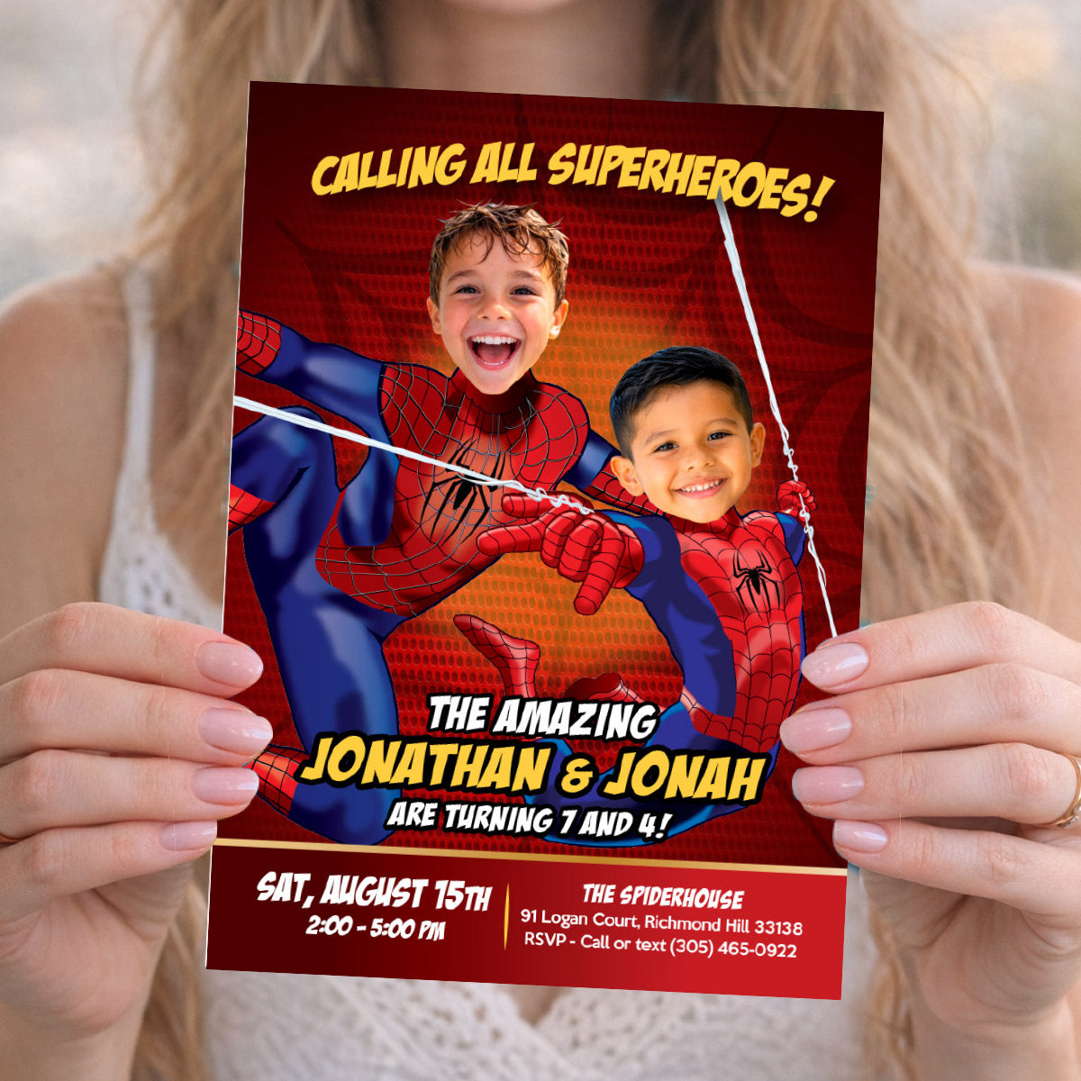 Custom Spiderman Siblings Birthday Invitation with kids as the Stars. 106IN