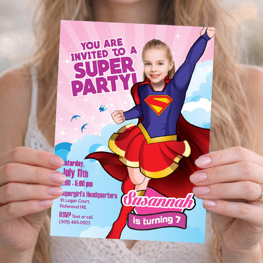 Custom Supergirl Party Invitation with your photo, Supergirl birthday photo template. 110IN